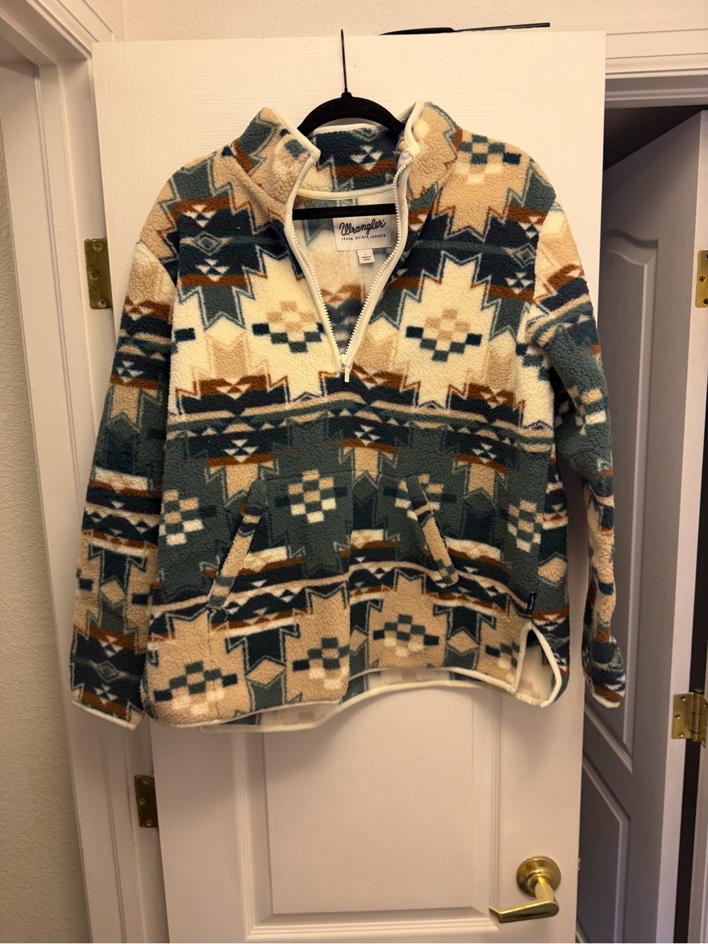 Wrangler Kids Half-Zip Aztec Fleece Pullover in Cream, Green & Brown